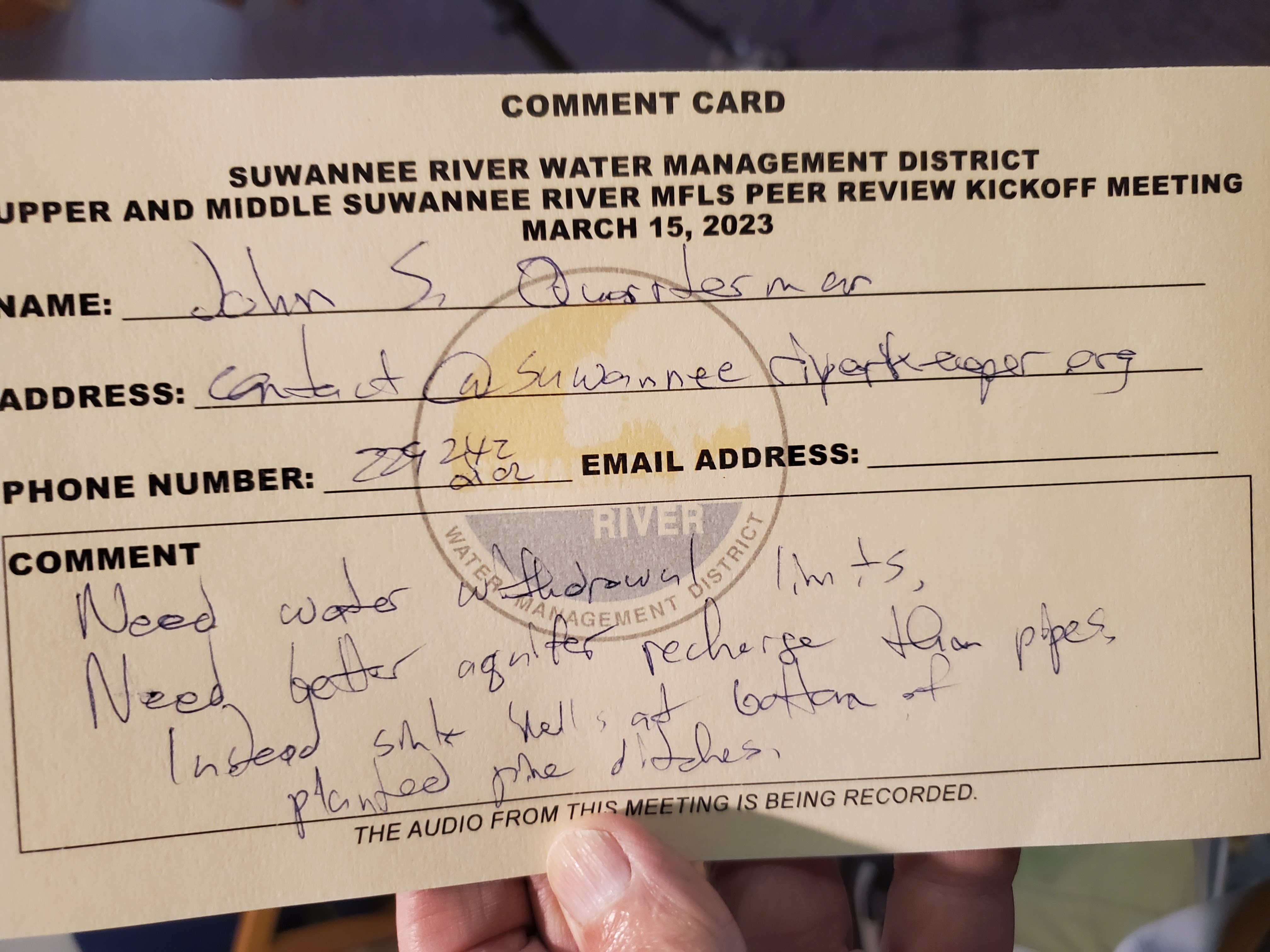 Comment card, Suwannee Riverkeeper