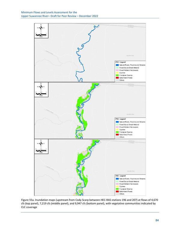 Figure 55a. Inundation maps (upstream from Cody Scarp between HEC-RAS stations 196 and 207) at flows of 4,670 cfs (top panel), 7,219 cfs (middle panel), and 9,947 cfs (bottom panel), with vegetative communities indicated by CLC coverage