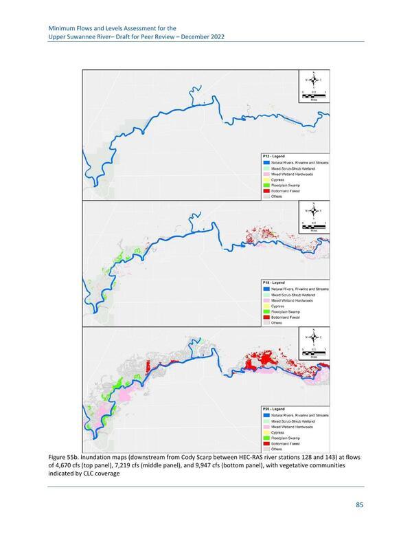 Figure 55b. Inundation maps (downstream from Cody Scarp between HEC-RAS river stations 128 and 143) at flows of 4,670 cfs (top panel), 7,219 cfs (middle panel), and 9,947 cfs (bottom panel), with vegetative communities indicated by CLC coverage