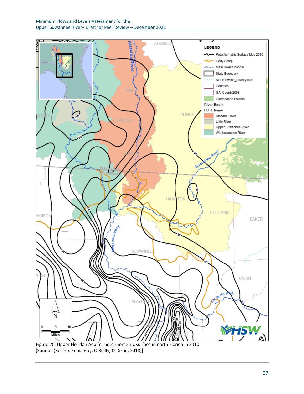 Figure 20. Upper Floridan Aquifer potentiometric surface in north Florida in 2010 [Source: (Bellino, Kuniansky, O'Reilly, & Dixon, 2018)]