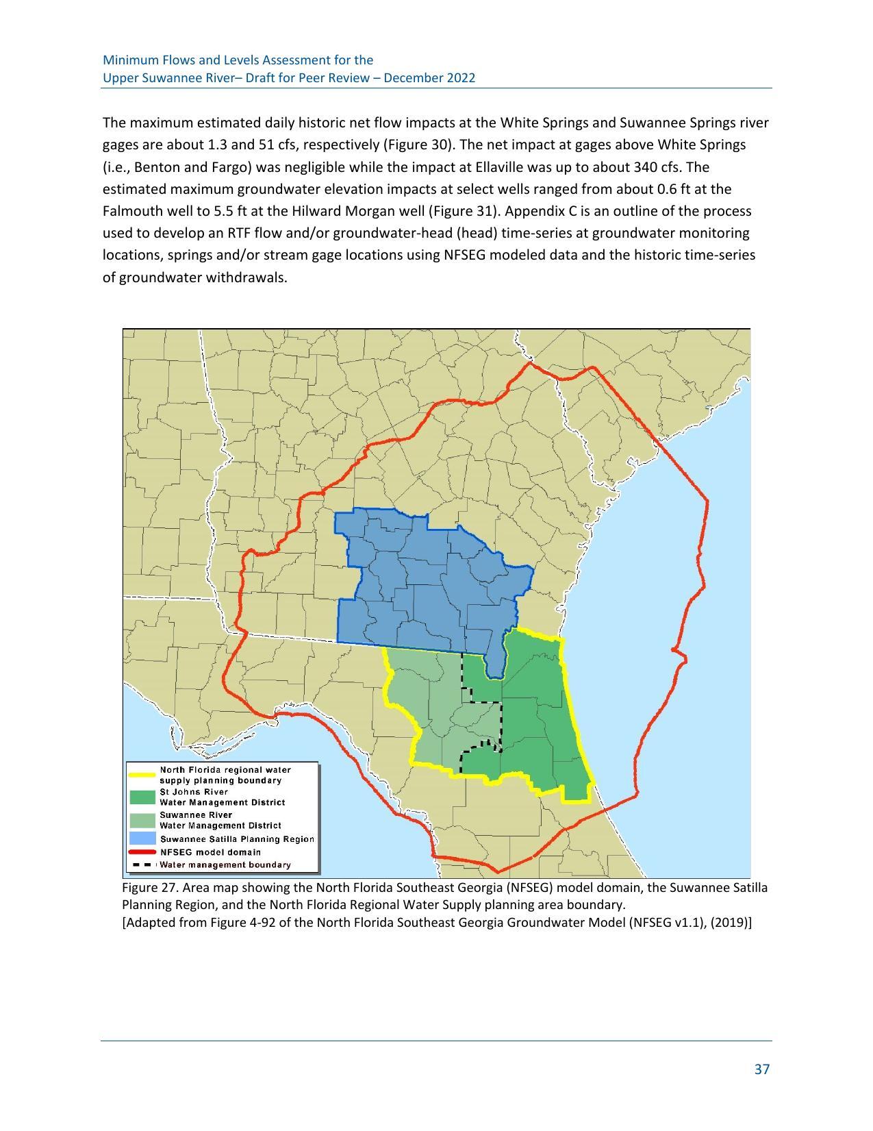 Figure 27. Area map showing the North Florida Southeast Georgia (NFSEG) model domain, the Suwannee Satilla Planning Region, and the North Florida Regional Water Supply planning area boundary. [Adapted from Figure 4-92 of the North Florida Southeast Georgia Groundwater Model (NFSEG v1.1), (2019)]