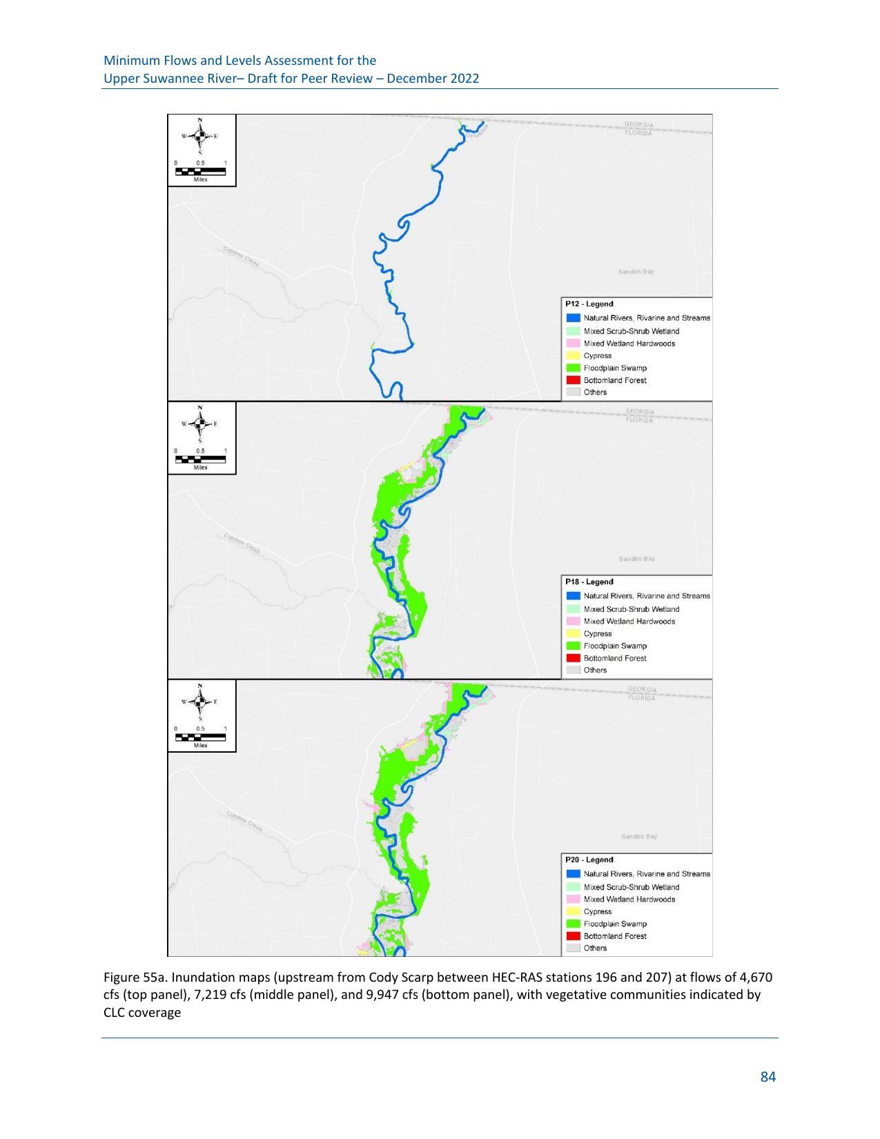 Figure 55a. Inundation maps (upstream from Cody Scarp between HEC-RAS stations 196 and 207) at flows of 4,670 cfs (top panel), 7,219 cfs (middle panel), and 9,947 cfs (bottom panel), with vegetative communities indicated by CLC coverage