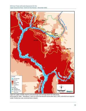 [Figure 23. Upper Floridan Aquifer (UFA) discharge and recharge below the Cody Scarp [Estimated for 1994. “Mandatory” refers to mines that became active after July 1, 1975, and which are required under Florida law to be reclaimed when closed.]]