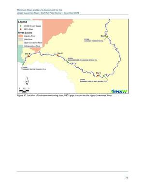 [Figure 50. Location of instream monitoring sites, USGS gage stations on the upper Suwannee River]