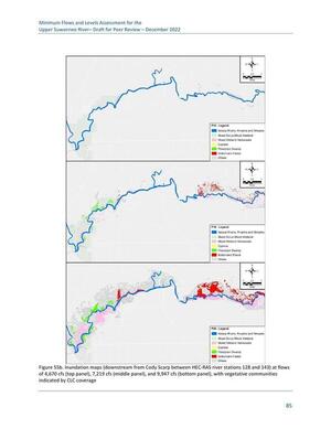 [Figure 55b. Inundation maps (downstream from Cody Scarp between HEC-RAS river stations 128 and 143) at flows of 4,670 cfs (top panel), 7,219 cfs (middle panel), and 9,947 cfs (bottom panel), with vegetative communities indicated by CLC coverage]