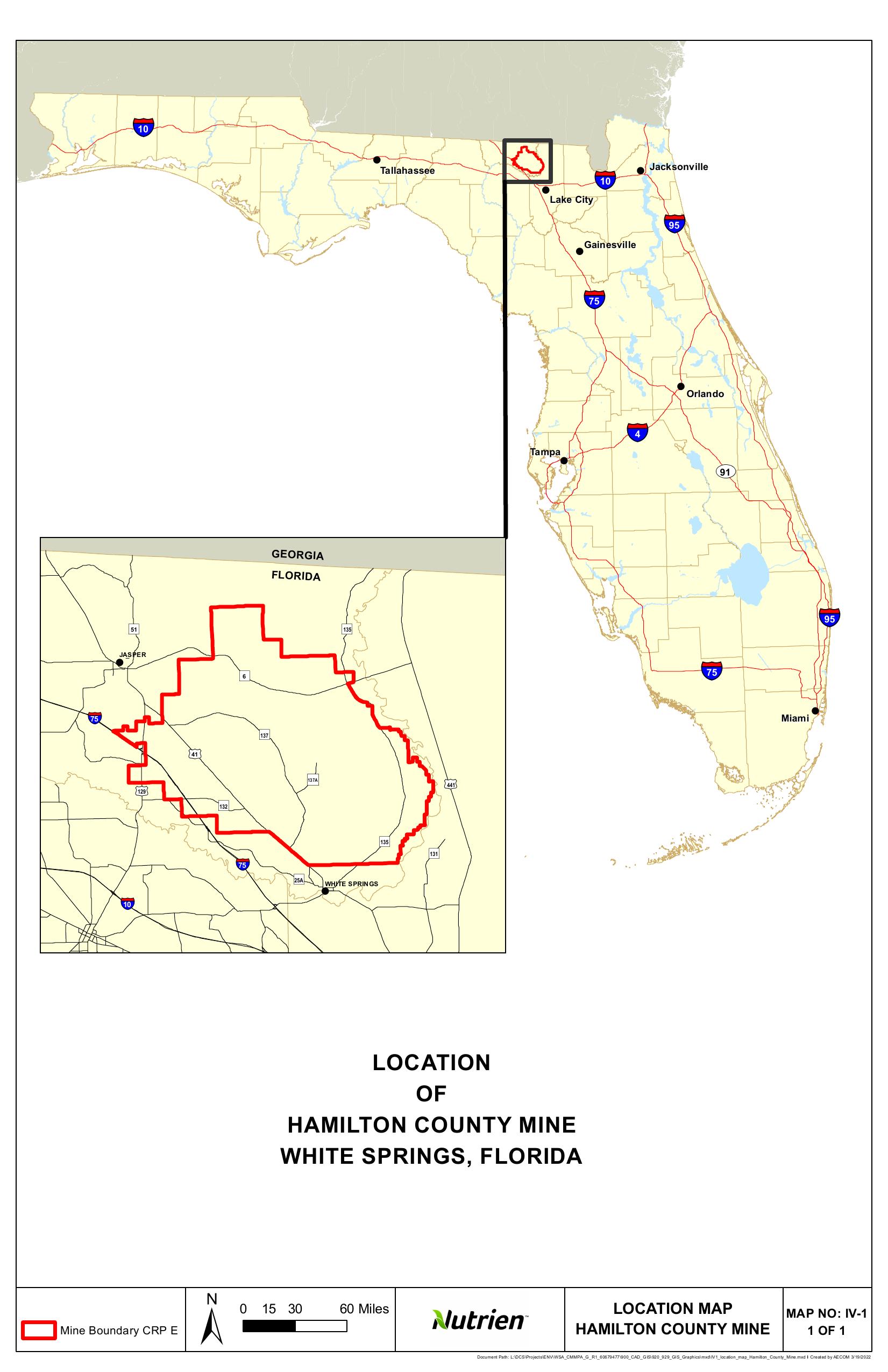 Location of Hamilton County Mine, White Springs, Florida