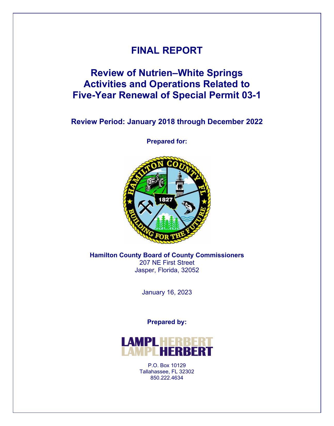 FINAL REPORT Review of Nutrien—White Springs Activities and Operations Related to Five-Year Renewal of Special Permit 03-1 Review Period: January 2018 through December 2022