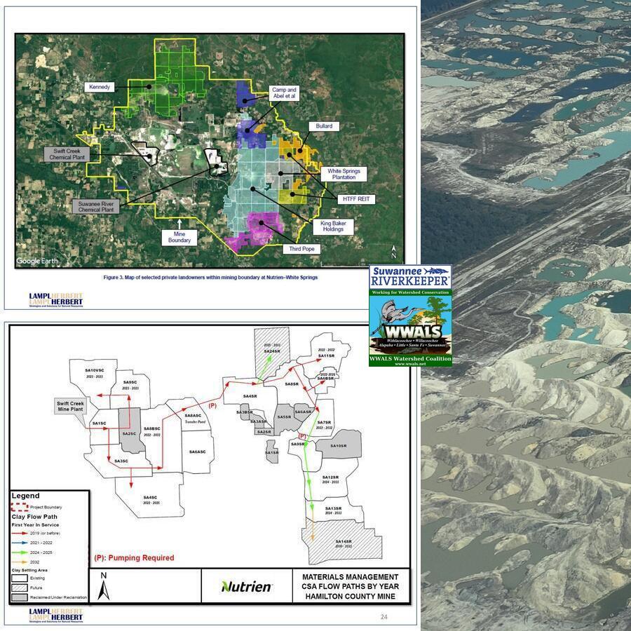 Private landowners, Clay flows, aerial: Nutrien Phosphate Mine, Hamilton County, FL