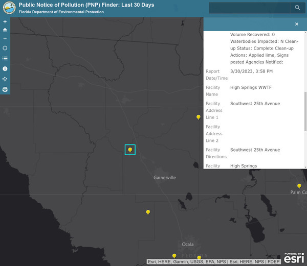 [Map: FDEP PNP, High Springs 50-gallon spill, 2023-03-30]