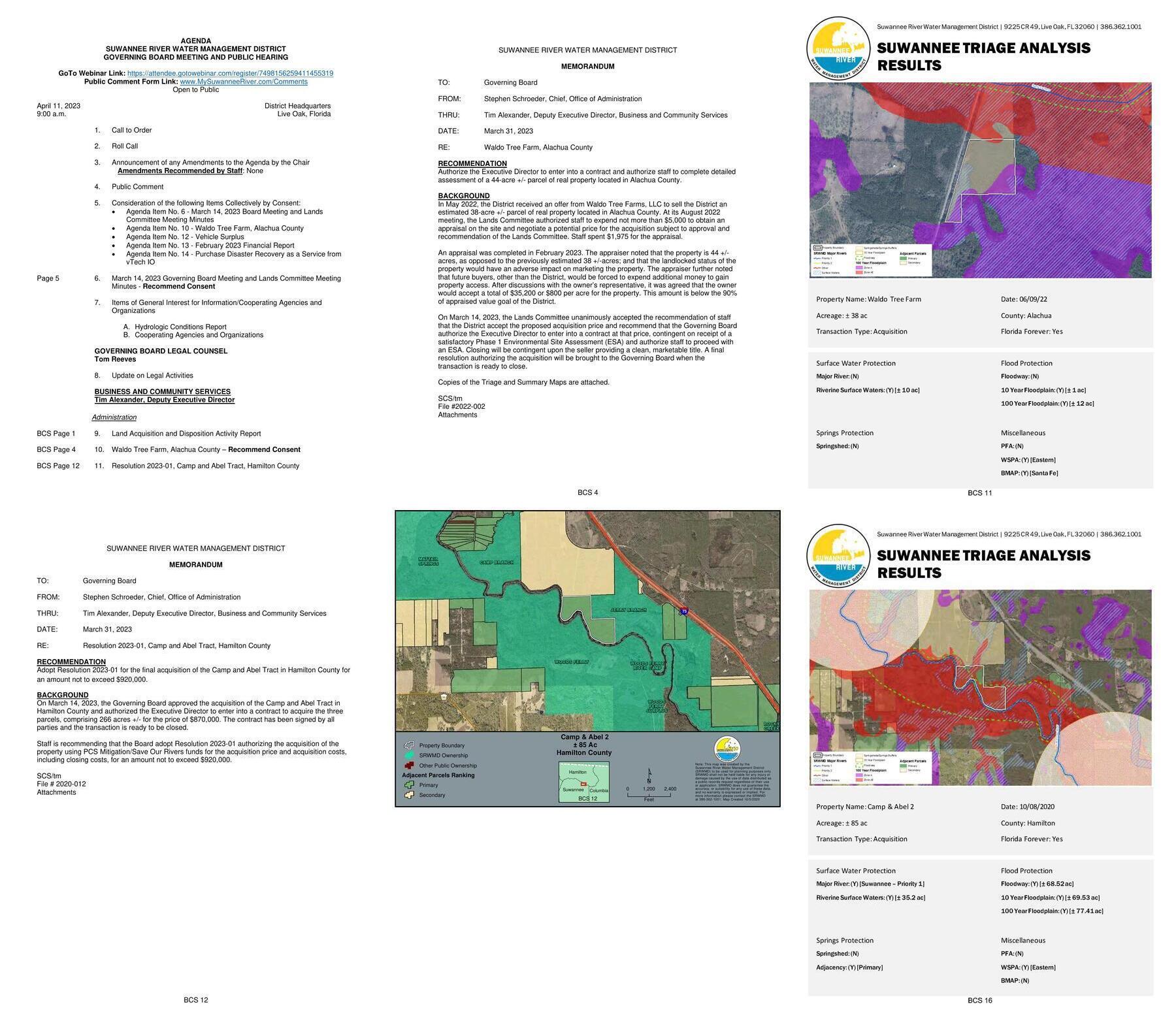 Agenda, Waldo Tree Farm on the Santa Fe River, Camp and Abel Tract on the Suwannee River @ SRWMD Board 2023-04-11