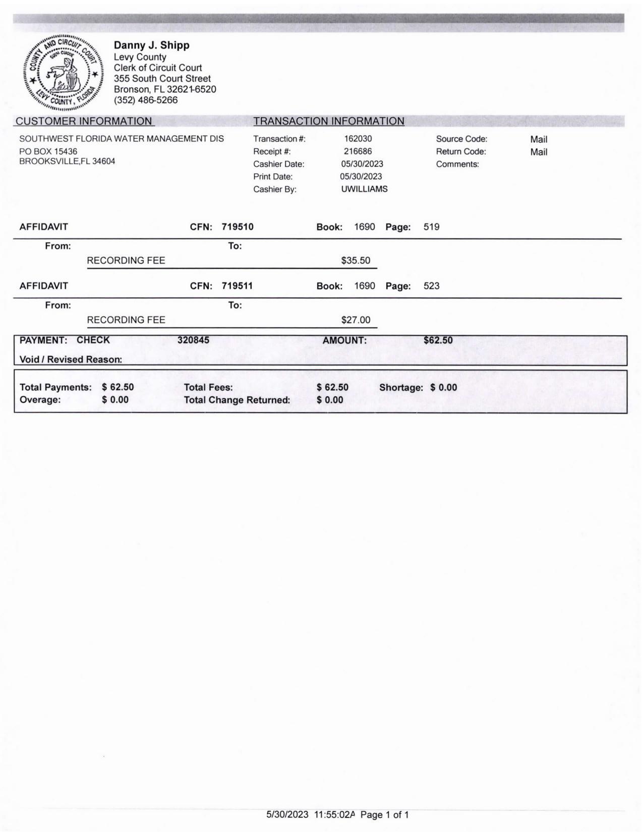 Levy County Clerk of Circuit Court Recording Fee $35.50 and $27 total $62.50 2023-05-30