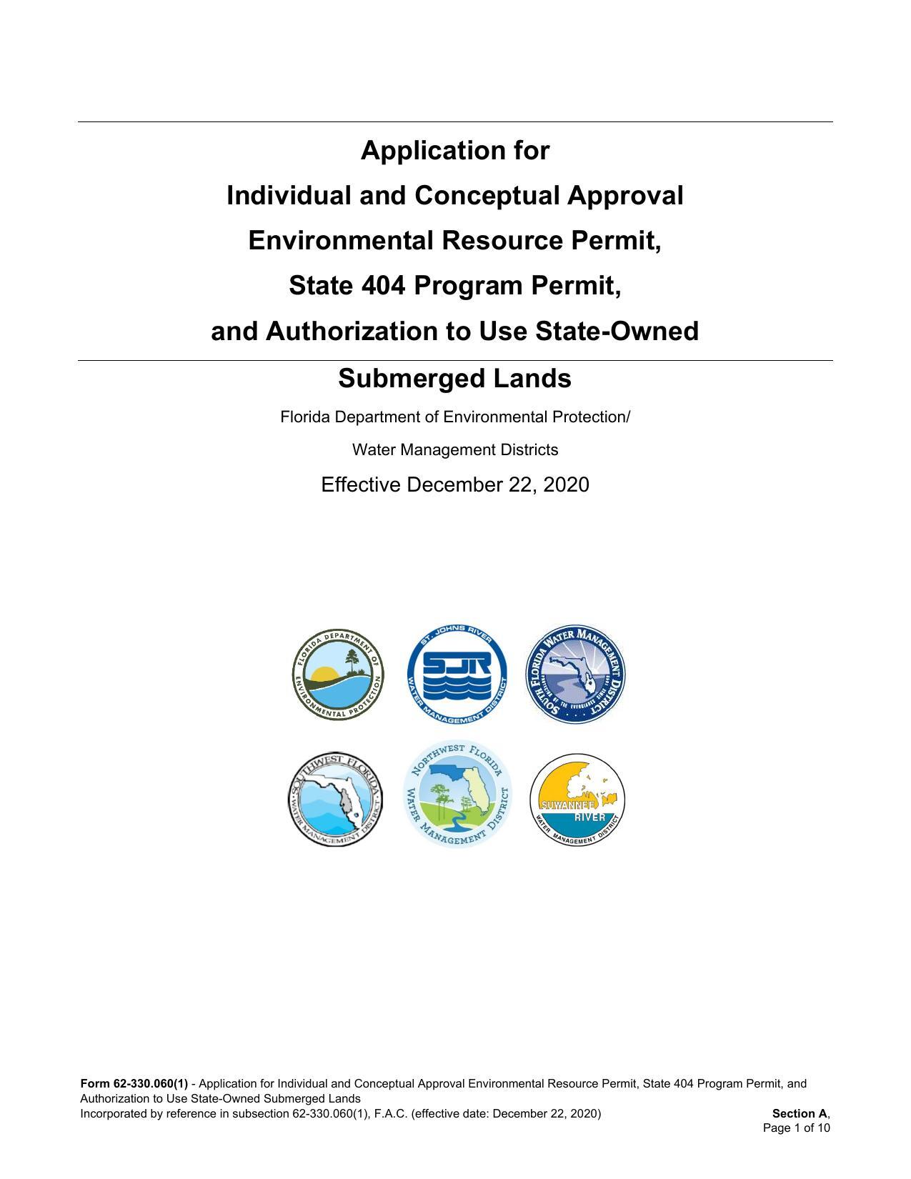 Application for Individual and Conceptual Approval Environmental Resource Permit, State 404 Program Permit, and Authorization to Use State-Owned Submerged Lands (completed copy)