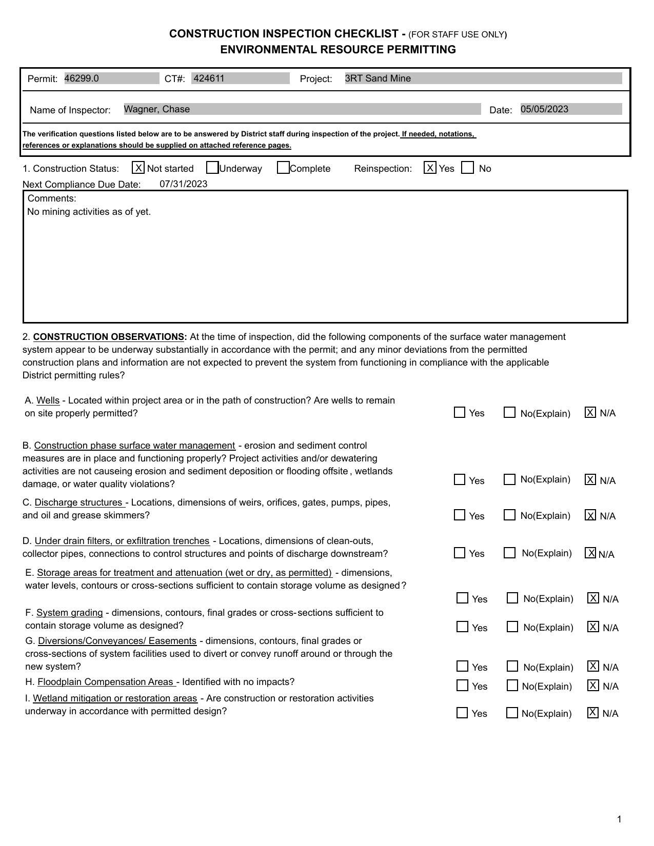 CONSTRUCTION INSPECTION CHECKLIST: No mining activities as of yet. 2023-05-05