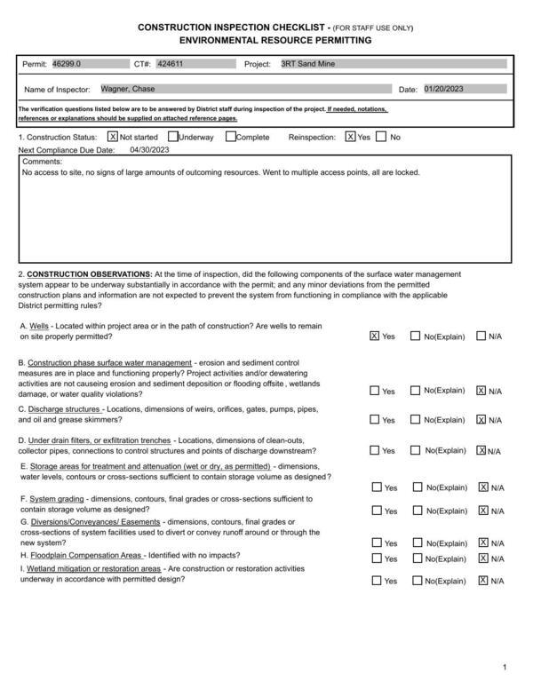 [CONSTRUCTION INSPECTION CHECKLIST - (FoR STAFF USE ONLY)]