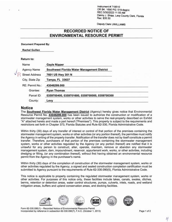 [RECORDED NOTICE OF ENVIRONMENTAL RESOURCE PERMIT]