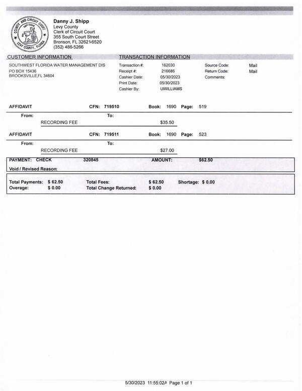 Levy County Clerk of Circuit Court Recording Fee $35.50 and $27 total $62.50 2023-05-30