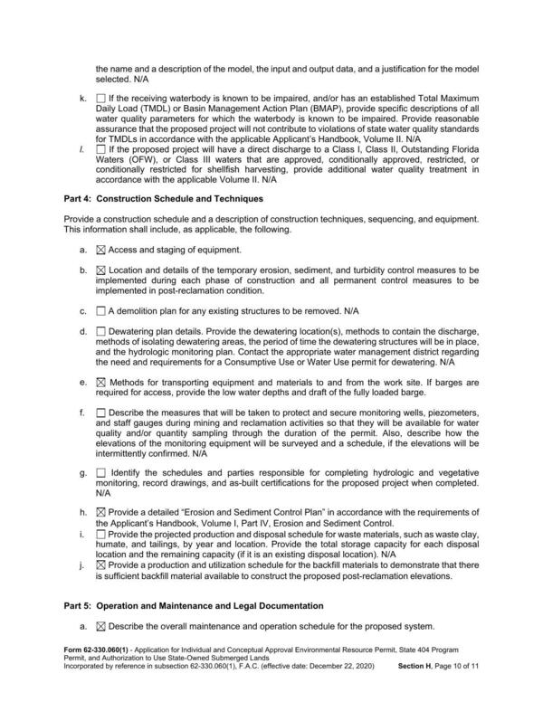 Part 4: Construction Schedule and Techniques; Part 5: Operation and Maintenance and Legal Documentation