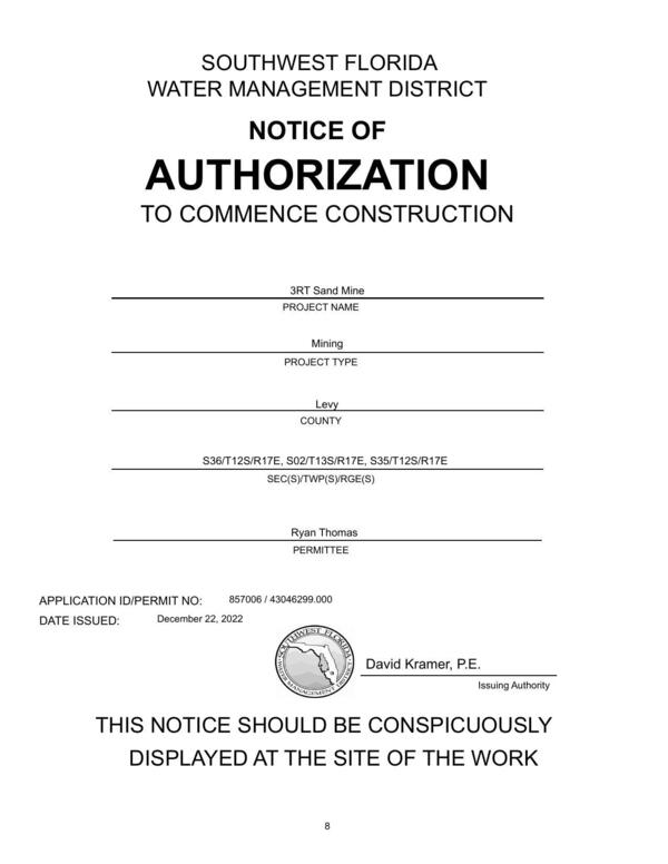 NOTICE OF AUTHORIZATION TO COMMENCE CONSTRUCTION December 22, 2022