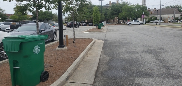 [City Hall behind trash cans in parking lot]