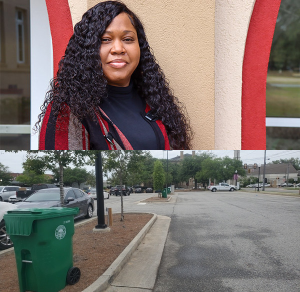 Community Protections Manager Anetra Riley and trash cans in parking lot