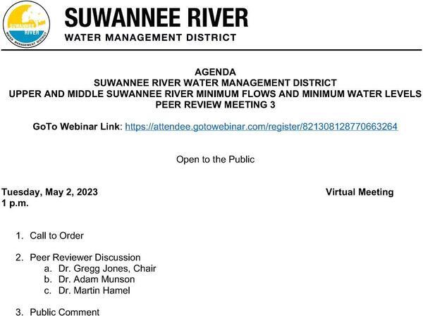 [Agenda: SRWMD MFL Peer Review, Upper and Middle Suwannee River 2023-05-02]