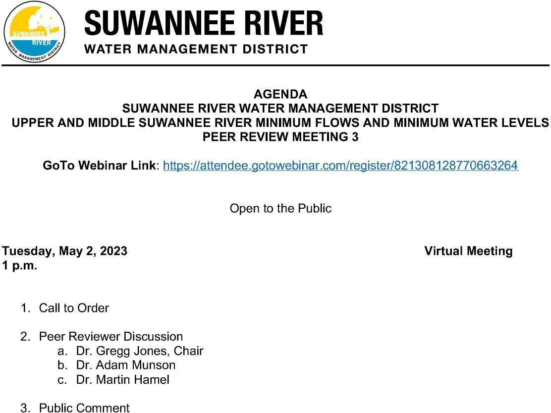 Agenda: SRWMD MFL Peer Review, Upper and Middle Suwannee River 2023-05-02