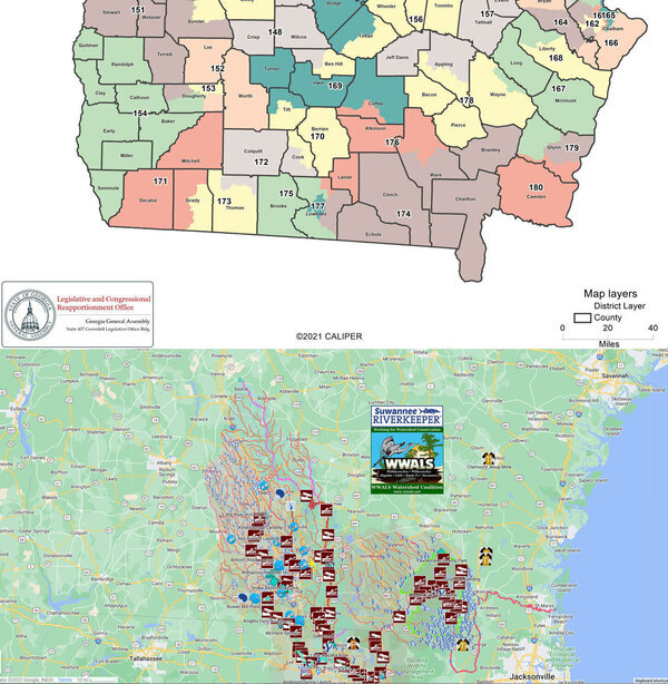 [Map: Georgia statehouse districts and Suwannee River Basin in Georgia]