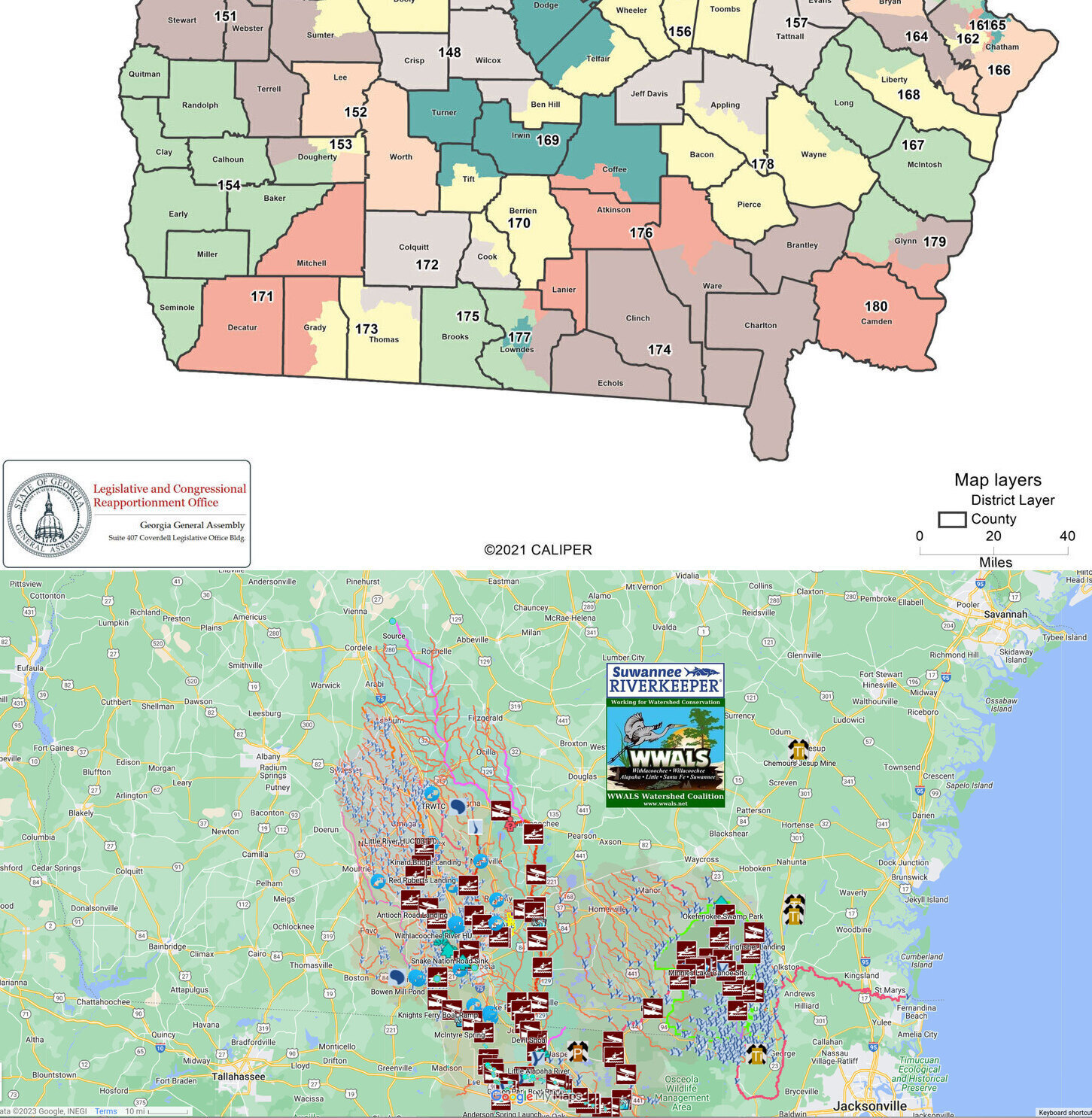 Map: Georgia statehouse districts and Suwannee River Basin in Georgia