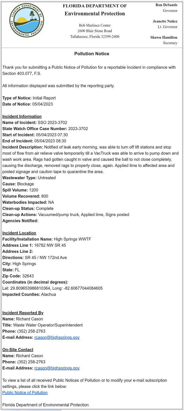 [FDEP Public Notice of High Springs Spill, 2023-05-04]