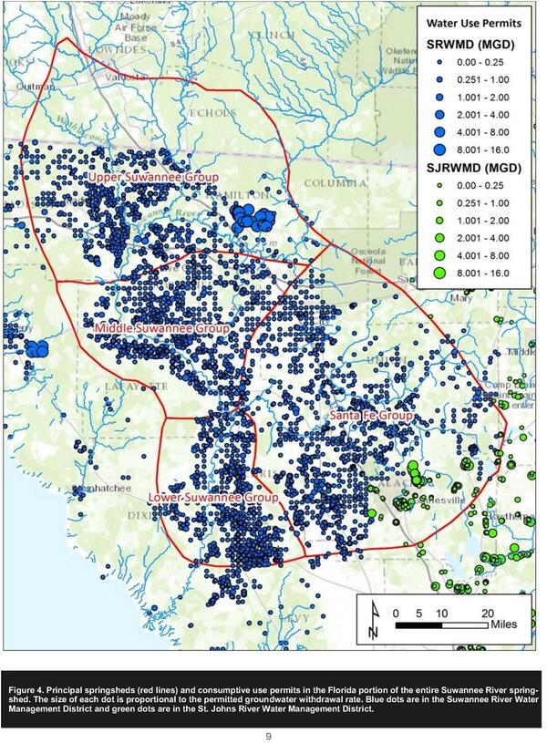 [4: Principal springsheds (red lines) + consumptive use permits (dots sized by withdrawal rate), Florida portion of Suwannee River springshed., in Springsheds and Water Withdrawal Permits in the Suwannee River Basin, by Florida Springs Institute, for WWALS.net, 1 January 2016, https://wwals.net/?p=32075]