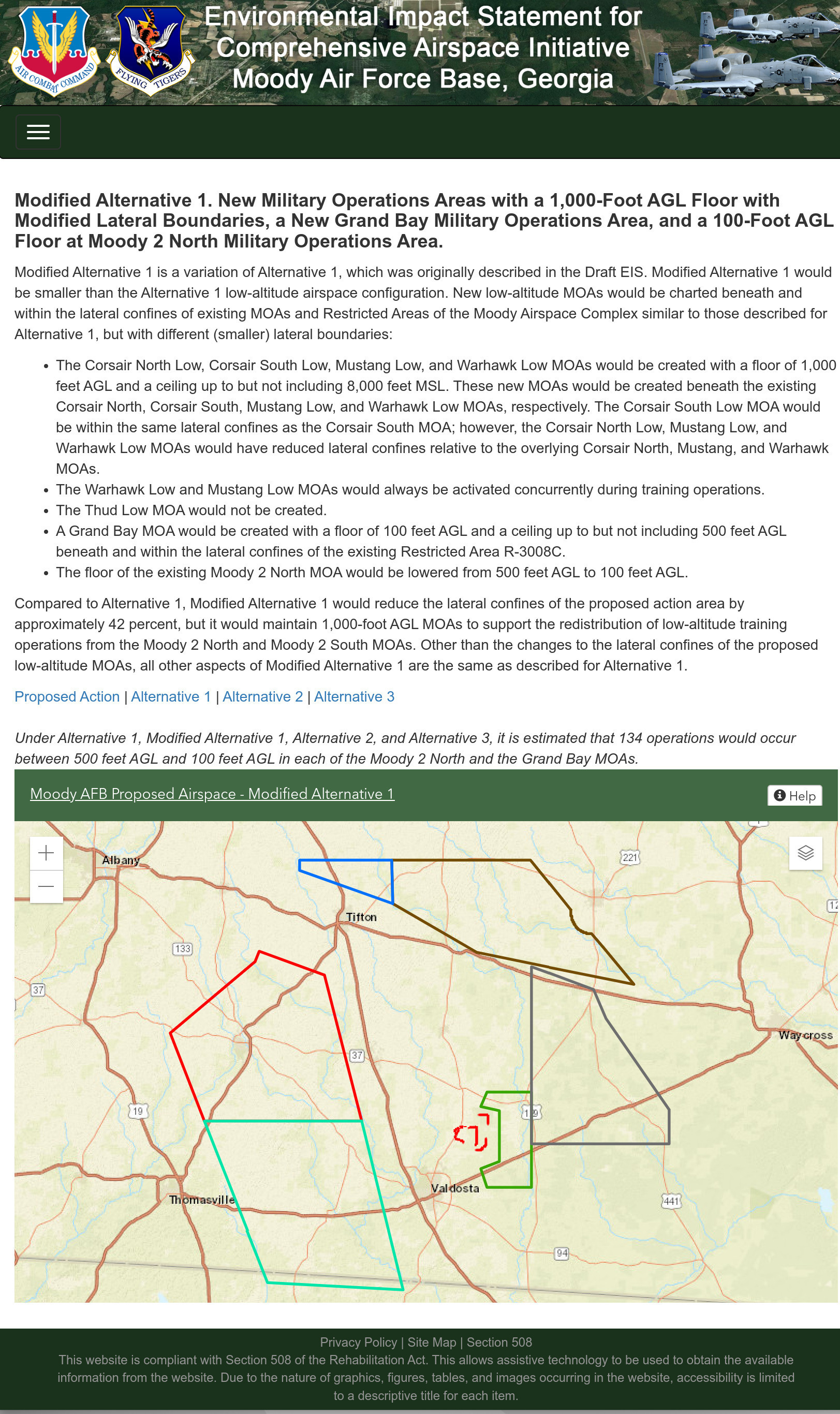 Modified Alternative 1. New Military Operations Areas with a 1,000-Foot AGL Floor with Modified Lateral Boundaries, a New Grand Bay Military Operations Area, and a 100-Foot AGL Floor at Moody 2 North Military Operations Area