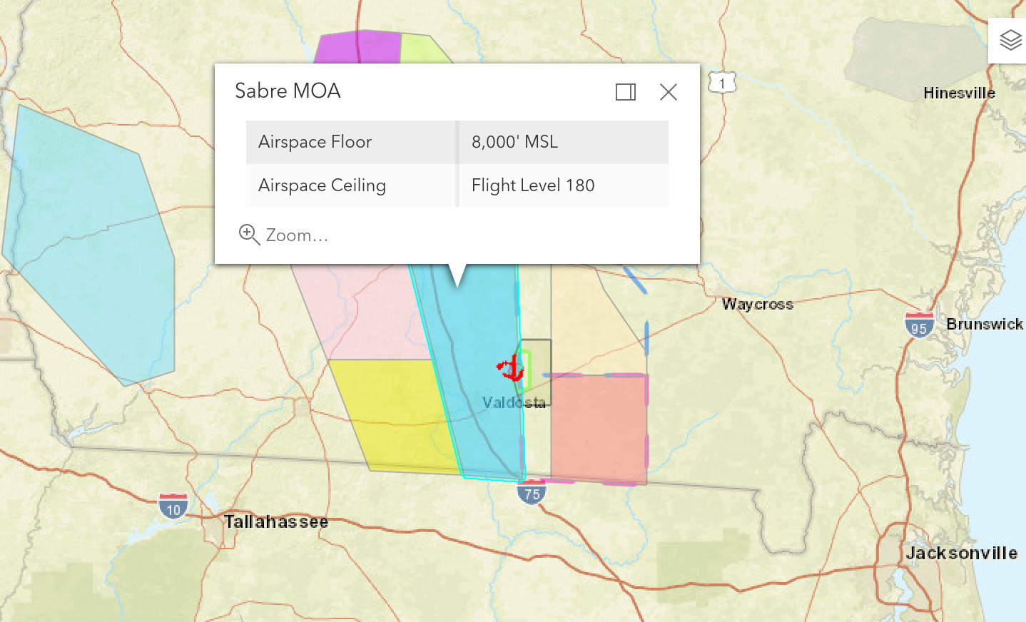 Sabre MOA from the GA-FL line through Valdosta, Moody AFB, Tifton, to Albany, mostly Withlacoochee and Little River Basins, plus some Alapaha and Flint