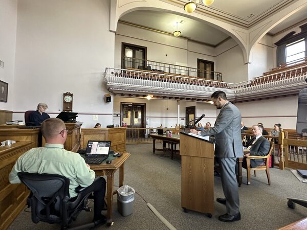 [Montana Assistant Attorney General Michael D. Russell argues on behalf of the state in the Held v. State of Montana case on May 12, 2023, in Lewis and Clark District County Court. (Photo by Blair Miller, Daily Montanan)]