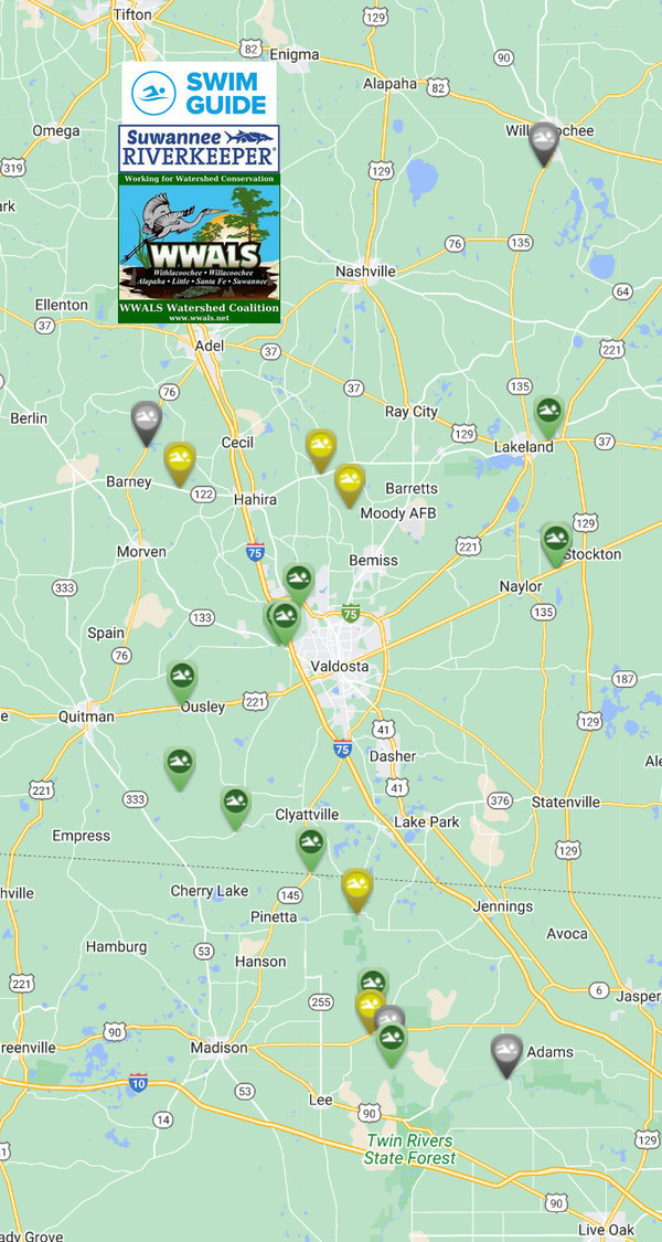 [Map: good Withlacoochee River, bad Alapaha River, Swim Guide 2023-06-01]