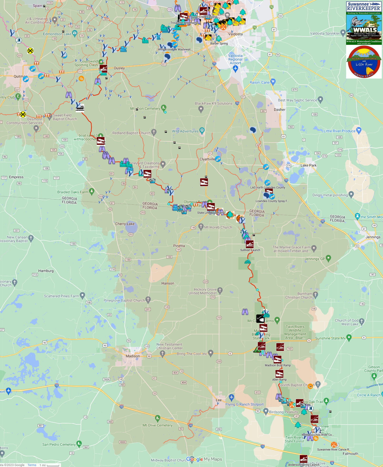 Map: Withlacoochee River from Valdosta to Suwannee River 2023-06-24