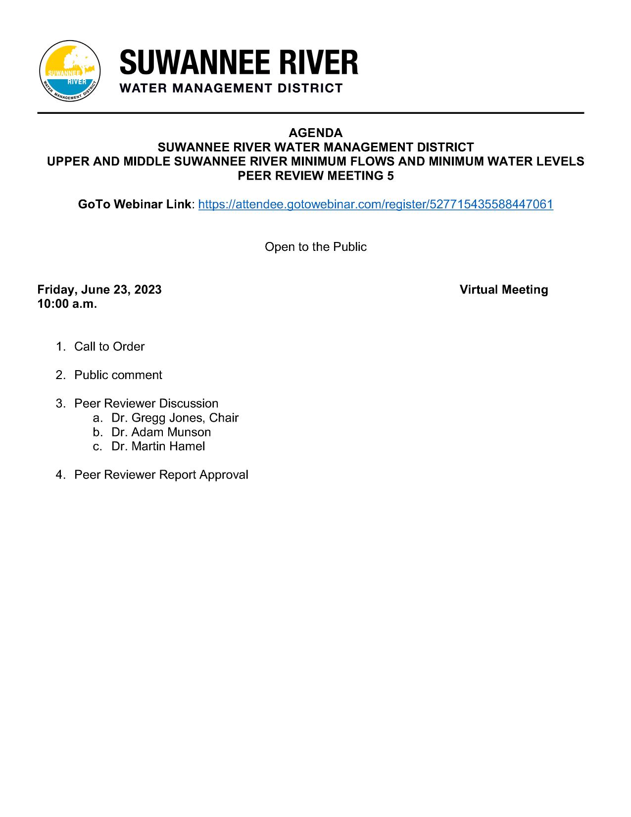 Peer Review Meeting 5 Agenda