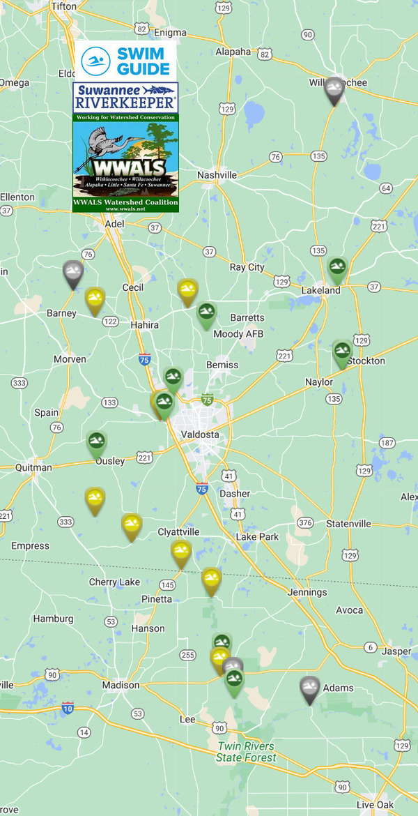 [Map: Clean Alapaha, Little, Withlacoochee Rivers, Swim Guide 2023-06-29]