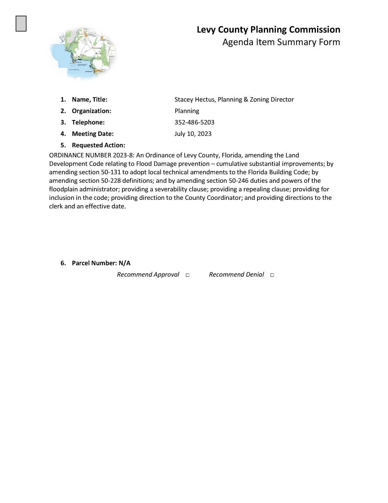 ORDINANCE NUMBER 2023-8: An Ordinance of Levy County, Florida, amending the Land Development Code relating to Flood Damage prevention