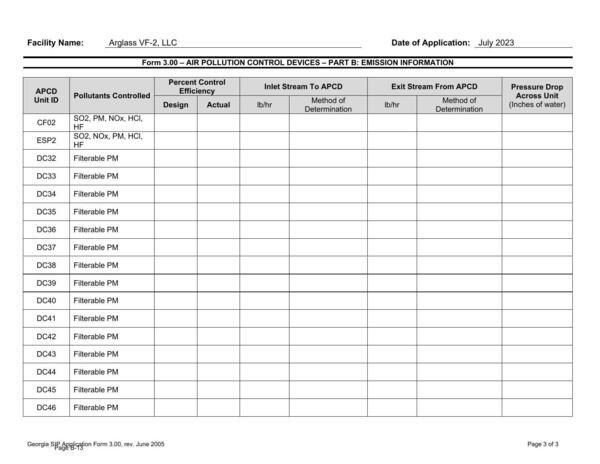 [Form 3.00 – AIR POLLUTION CONTROL DEVICES – PART B: EMISSION INFORMATION]