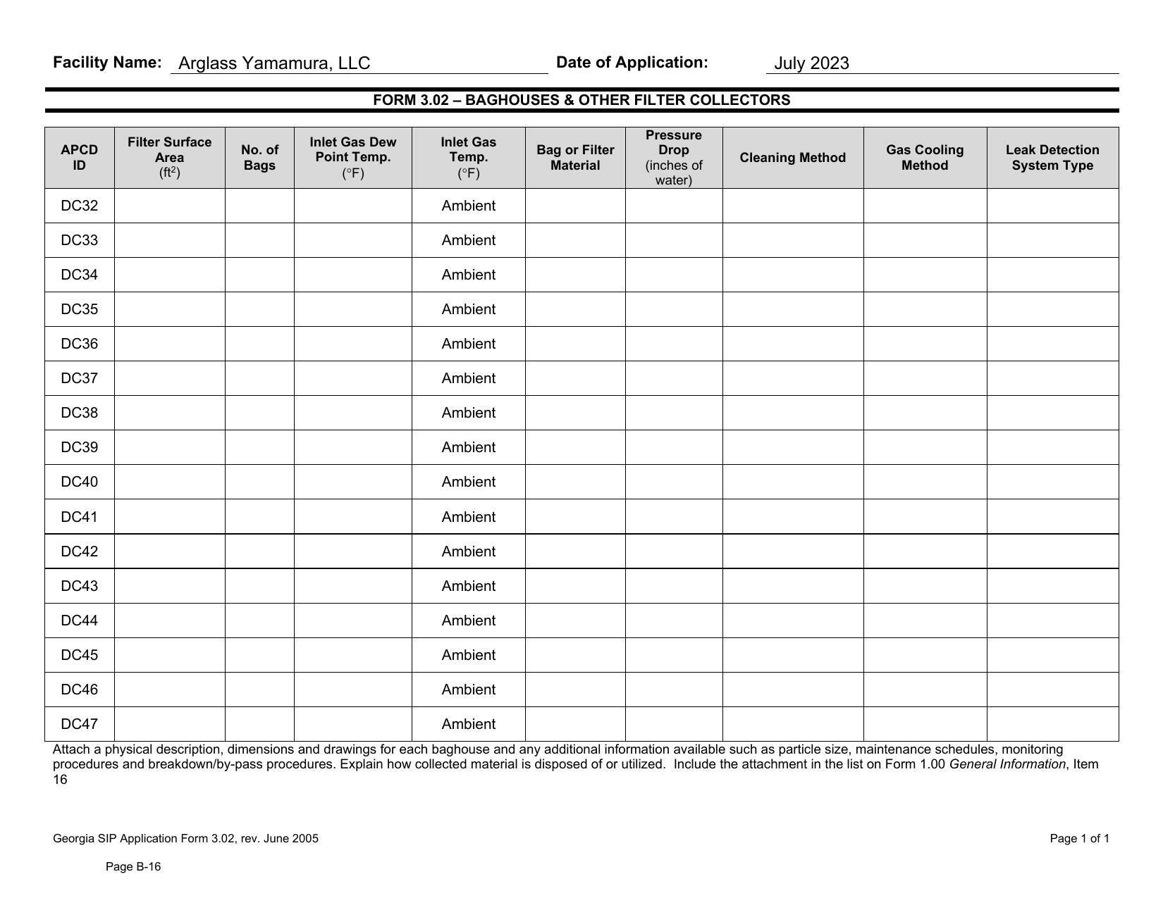 FORM 3.02 – BAGHOUSES & OTHER FILTER COLLECTORS