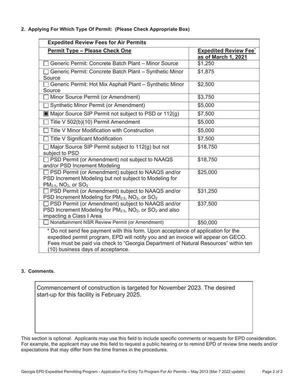 [Major Source SIP Permit not subject to PSD or 112(g) $7,500; Commencement of construction is targeted for November 2023. The desired start-up for this facility is February 2025.]