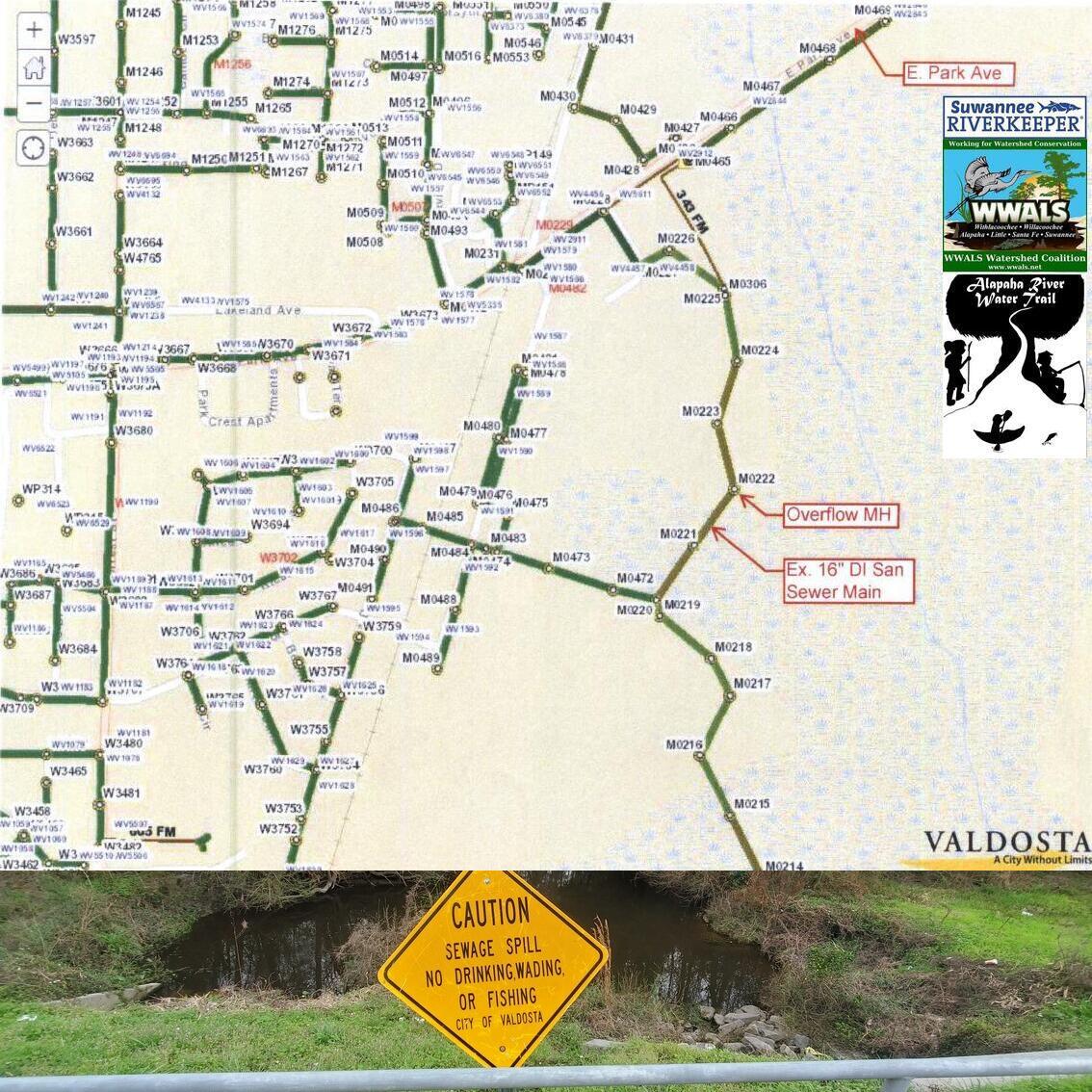 Location of the previous spill, and warning sign from a spill before that, Knights Creek, between E. Park Ave. and US 84