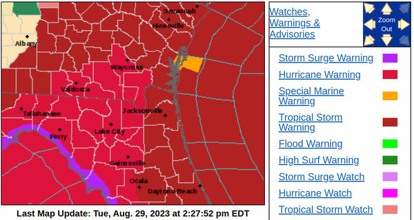 [Hurricane Warning, NWS JAX 2:27:52pm 2023-08-29]