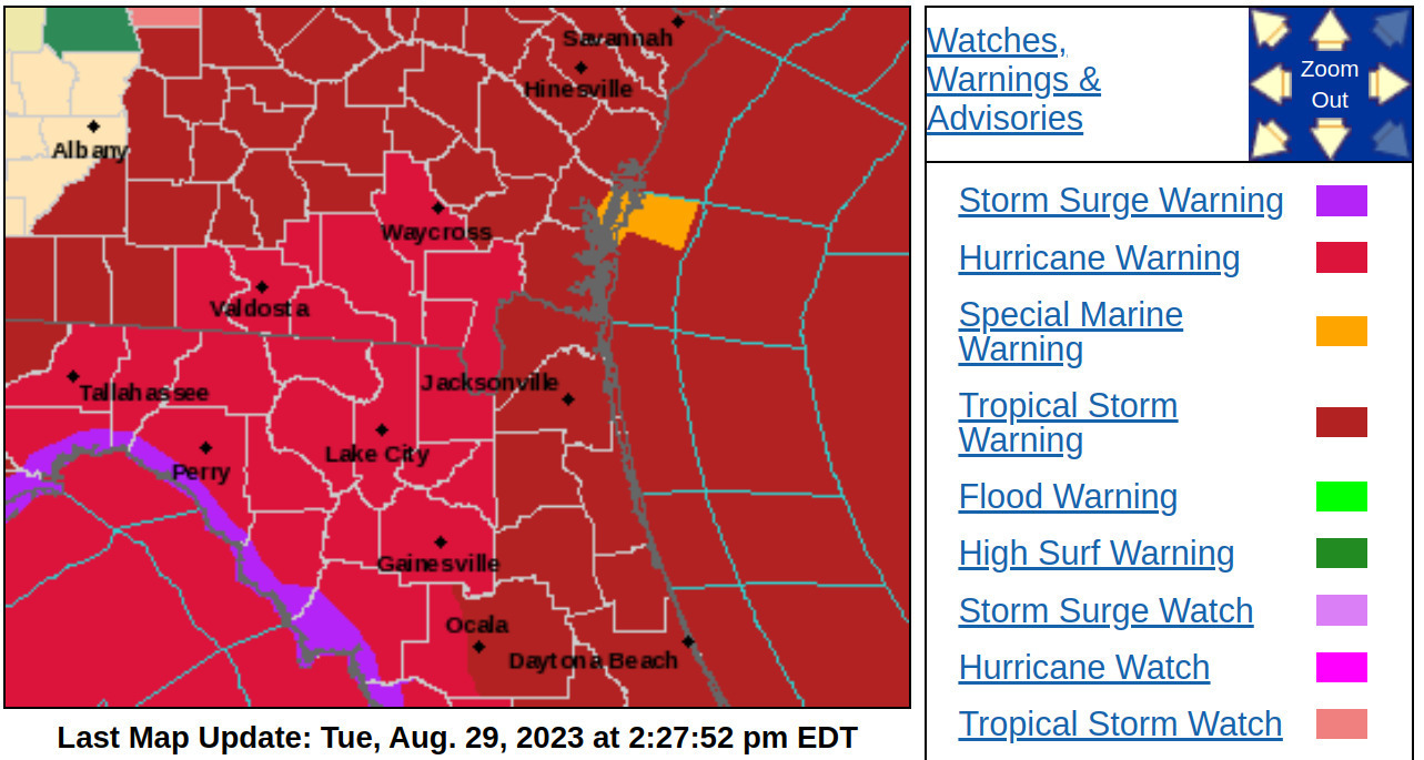 Hurricane Warning, NWS JAX 2:27:52pm 2023-08-29