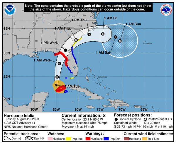 [Probable path cone of Hurricane Idalia 2023-08-29 4 AM, National Hurricane Center]