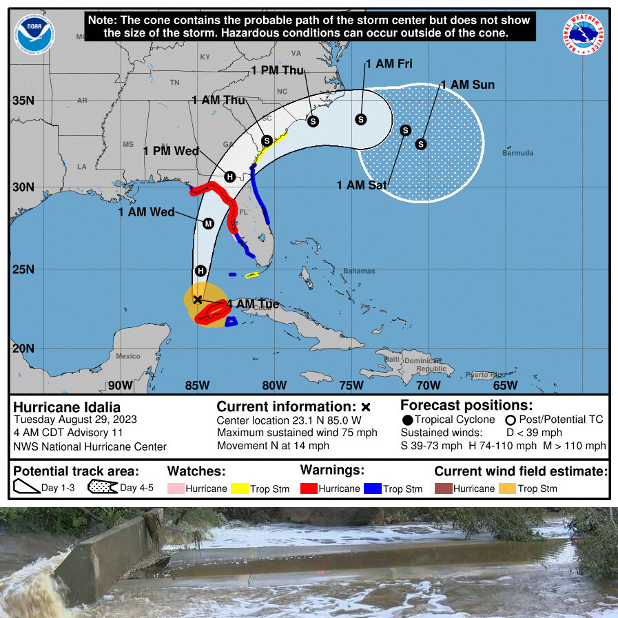 [Hurricane Idalia probable path cone and collapsed road]