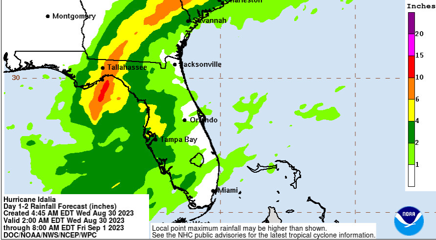 Rainfall Forecast, Hurricane Idalia, NHS, 2023-08-30 04:45