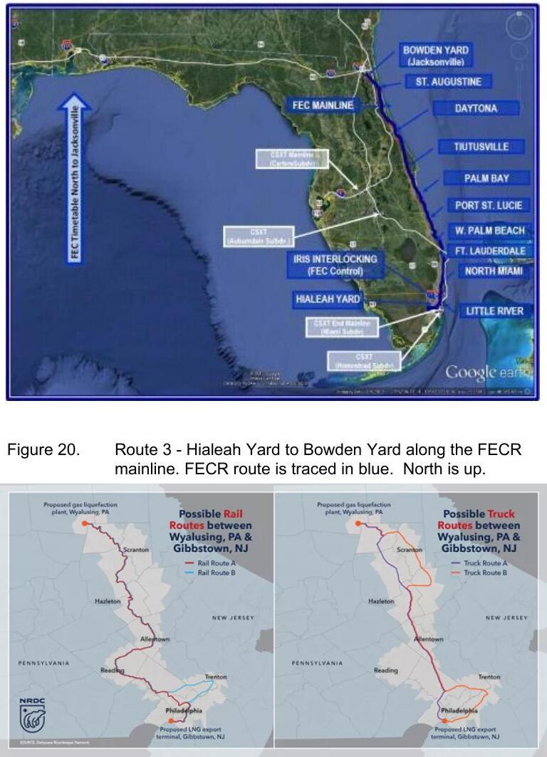 [Florida, PA, and NJ LNG by rail maps]