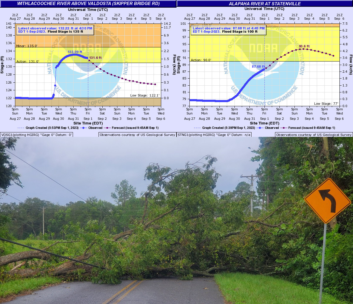 Rivers in flood, deadfall on power lines on road