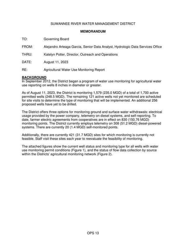 [In September 2012, the District began a program of water use monitoring for agricultural water use reporting on wells 8 inches in diameter or greater.]